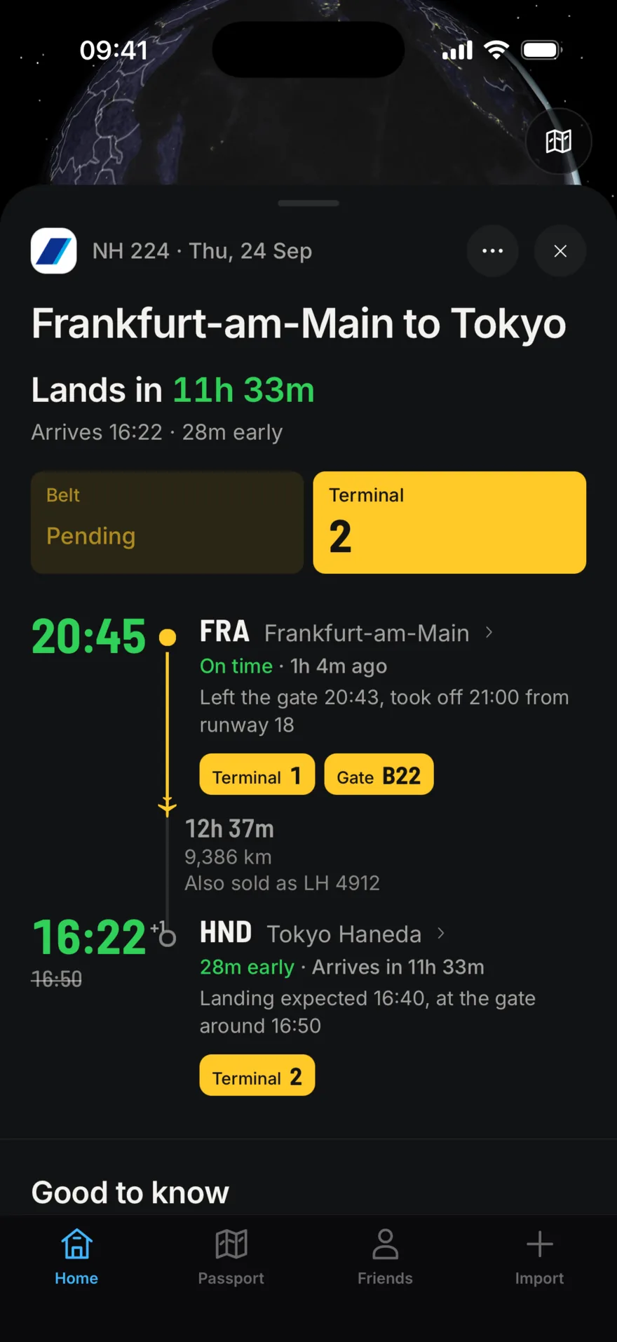 Flight detail for NH 224: departed Frankfurt at 20:45 after leaving the gate at 20:43 and taking off at 21:00 from runway 18, with terminal 1 and gate B22 on yellow signs. Arrival in Tokyo Haneda at 16:22, 28 minutes early, terminal 2.