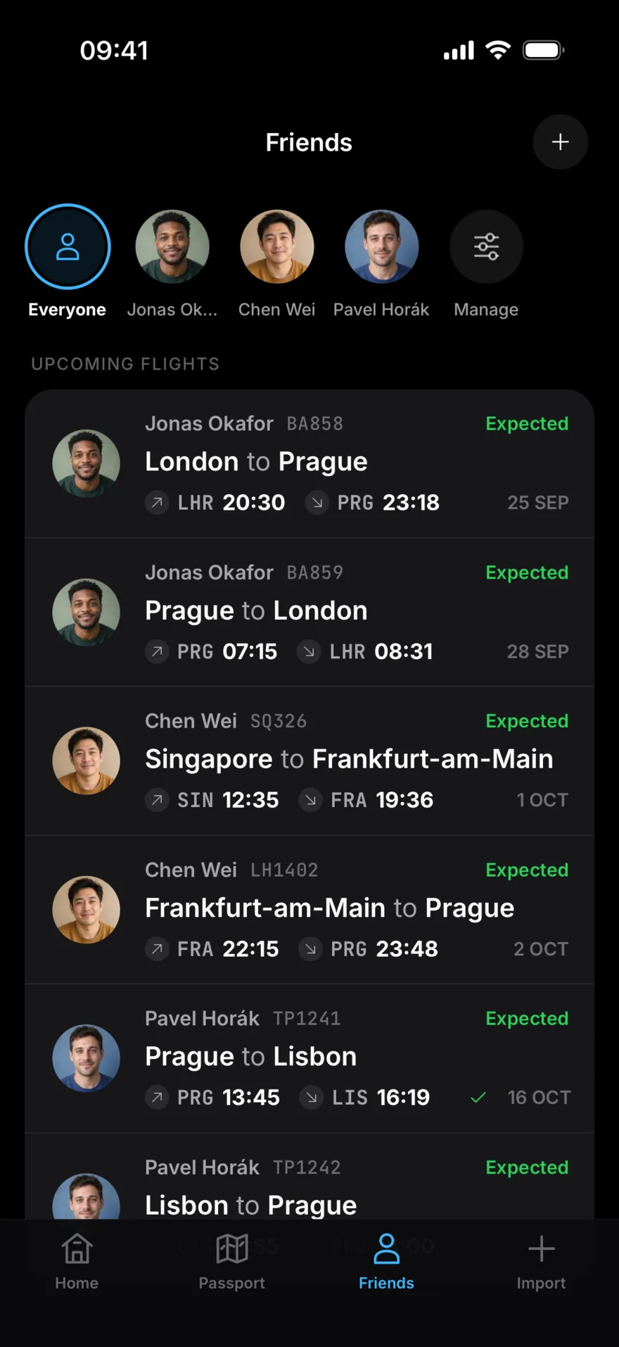 The Friends tab with upcoming flights from three friends: Jonas from London to Prague, Chen from Singapore to Frankfurt and on to Prague, and Pavel from Prague to Lisbon with a check mark for a shared flight.