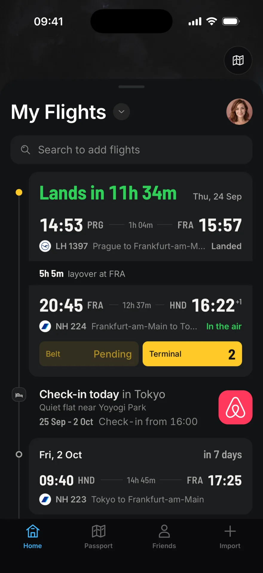 The trip timeline: LH 1397 Prague to Frankfurt has landed, a 5 hour 5 minute layover, NH 224 to Tokyo is in the air with terminal 2 on a yellow sign, then an Airbnb check-in in Tokyo and the flight home on 2 October.