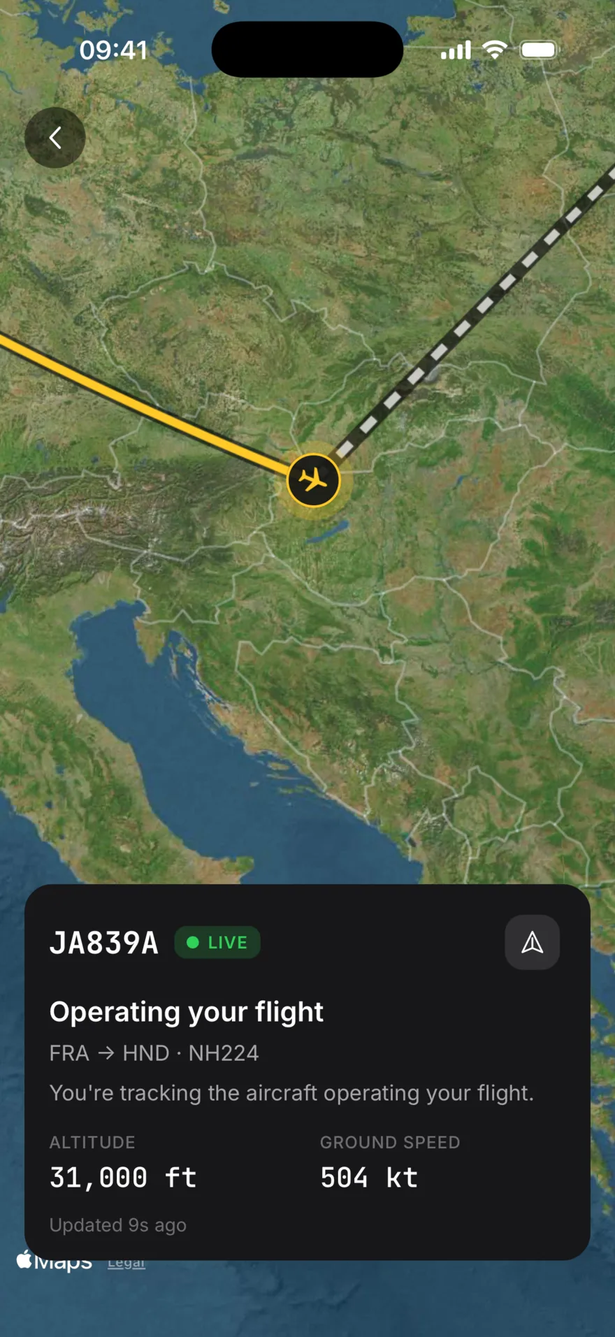 Live map: aircraft JA839A over Hungary on its way from Frankfurt to Tokyo, the flown track in yellow and the rest of the route dashed. Altitude 31,000 feet, ground speed 504 knots, updated 9 seconds ago.