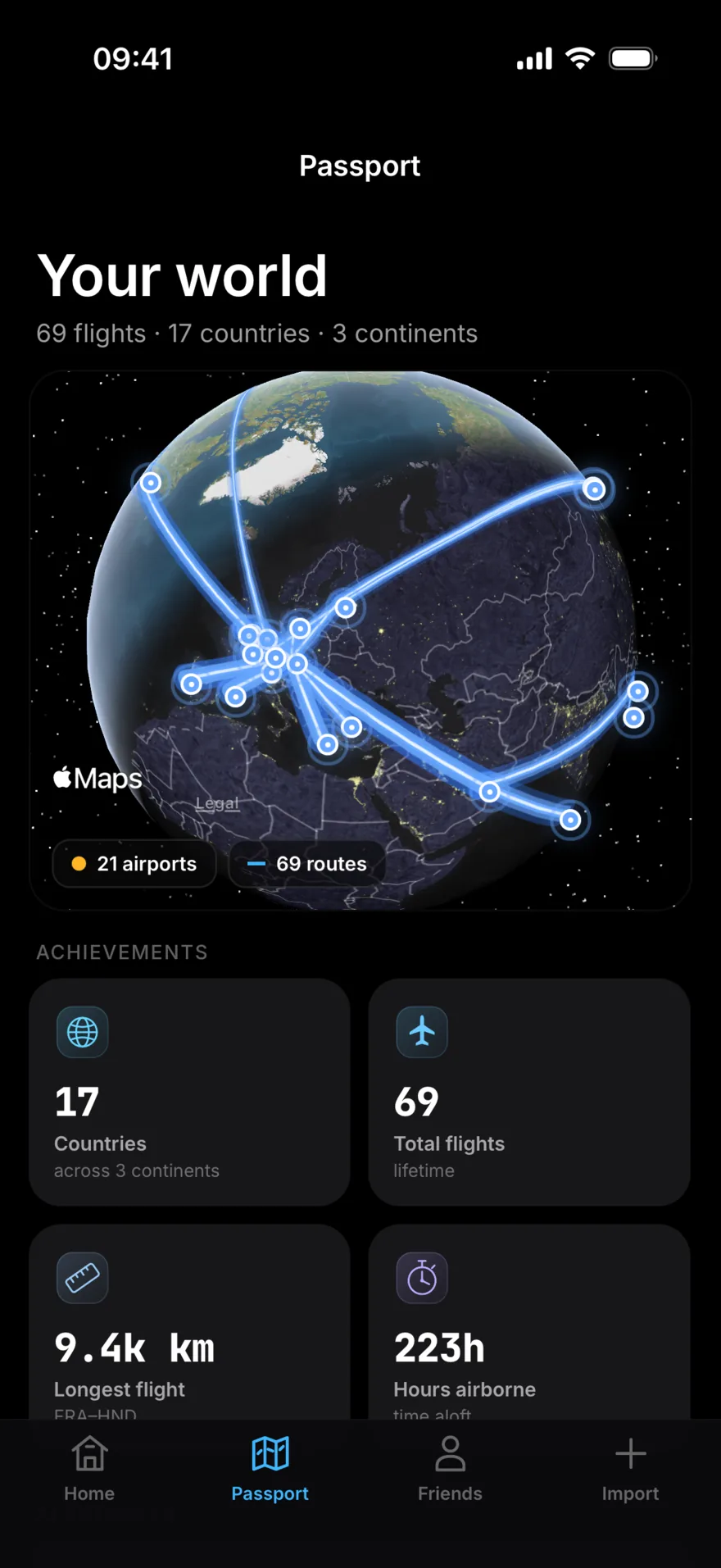 Passport: 69 flights, 17 countries and 3 continents, with every route glowing on a globe, and achievements for countries, total flights, longest flight and hours airborne.