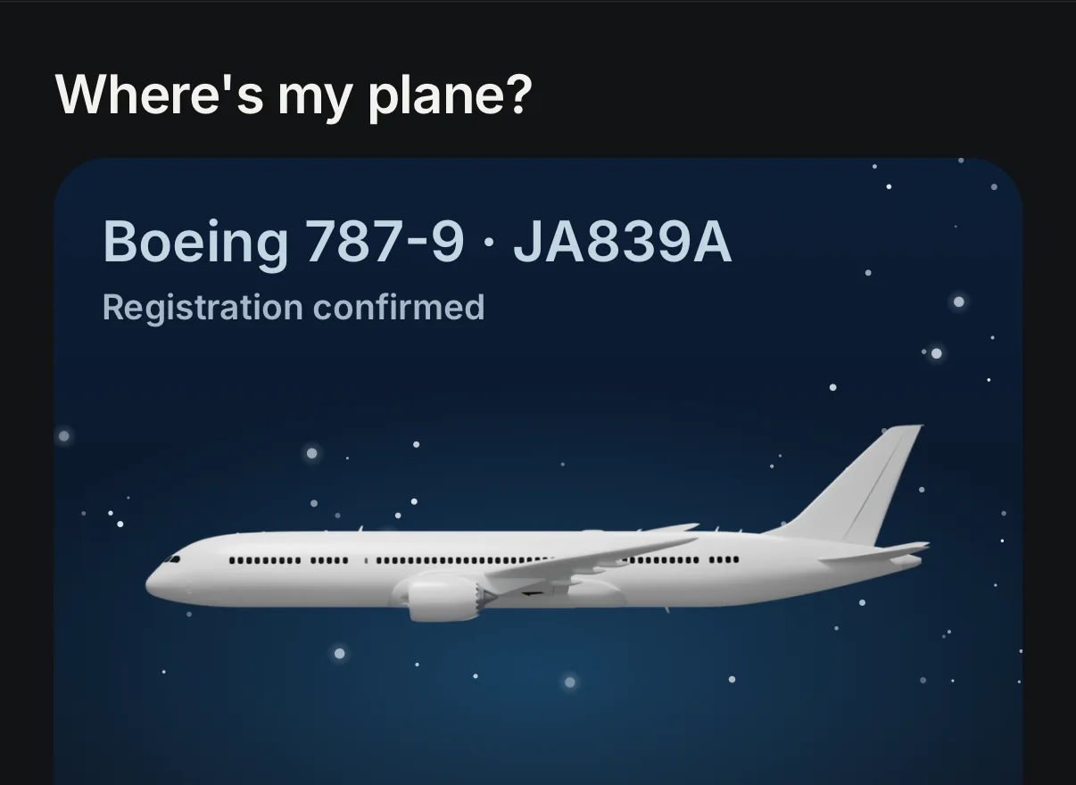 Where's my plane: a Boeing 787-9 with registration JA839A, confirmed, with a link to its live status.